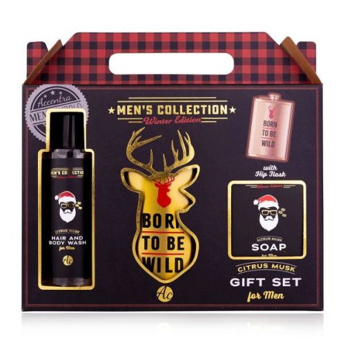 SET koupelový MEN&#039;S COLLECTION WINTER EDITION v dárkové krabičce vč. placatka z nerezové oceli